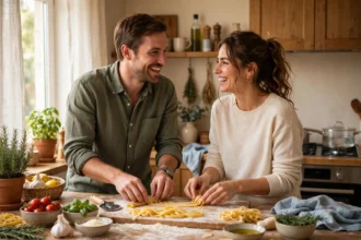 coppia in cucina, cucinare assieme